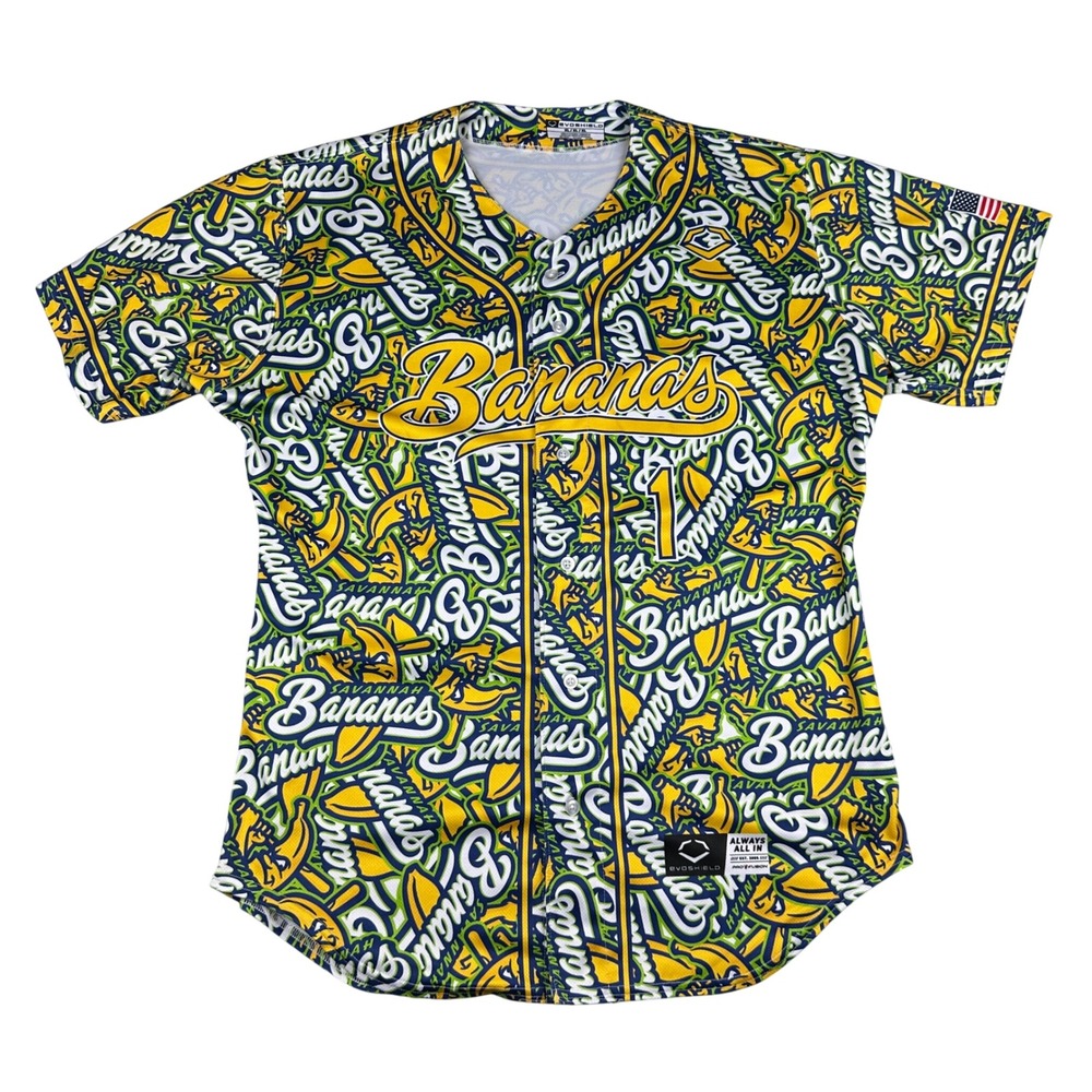 Savannah Bananas Baseball Jersey EvoShield All Over Print Yellow Green Mens XL